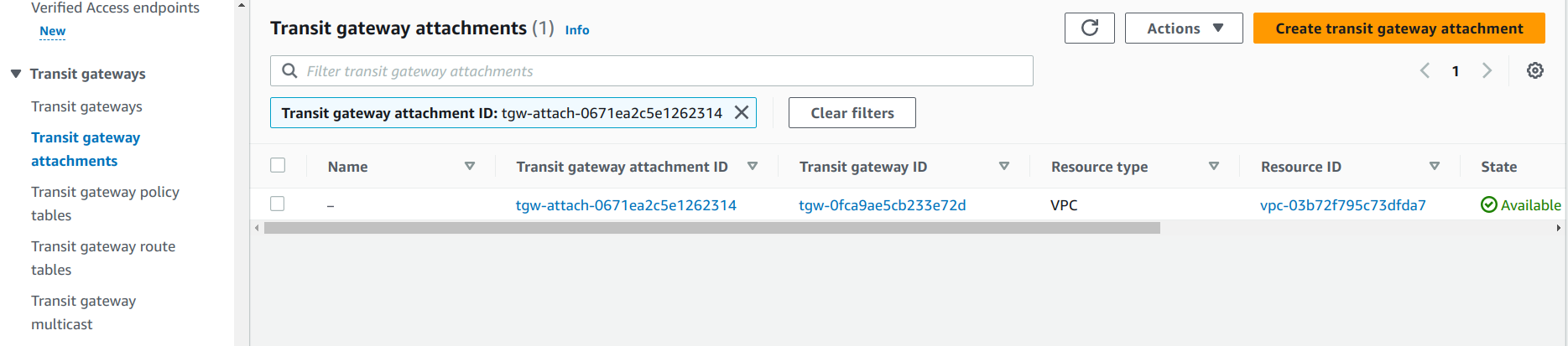 Transit gateway attachment status